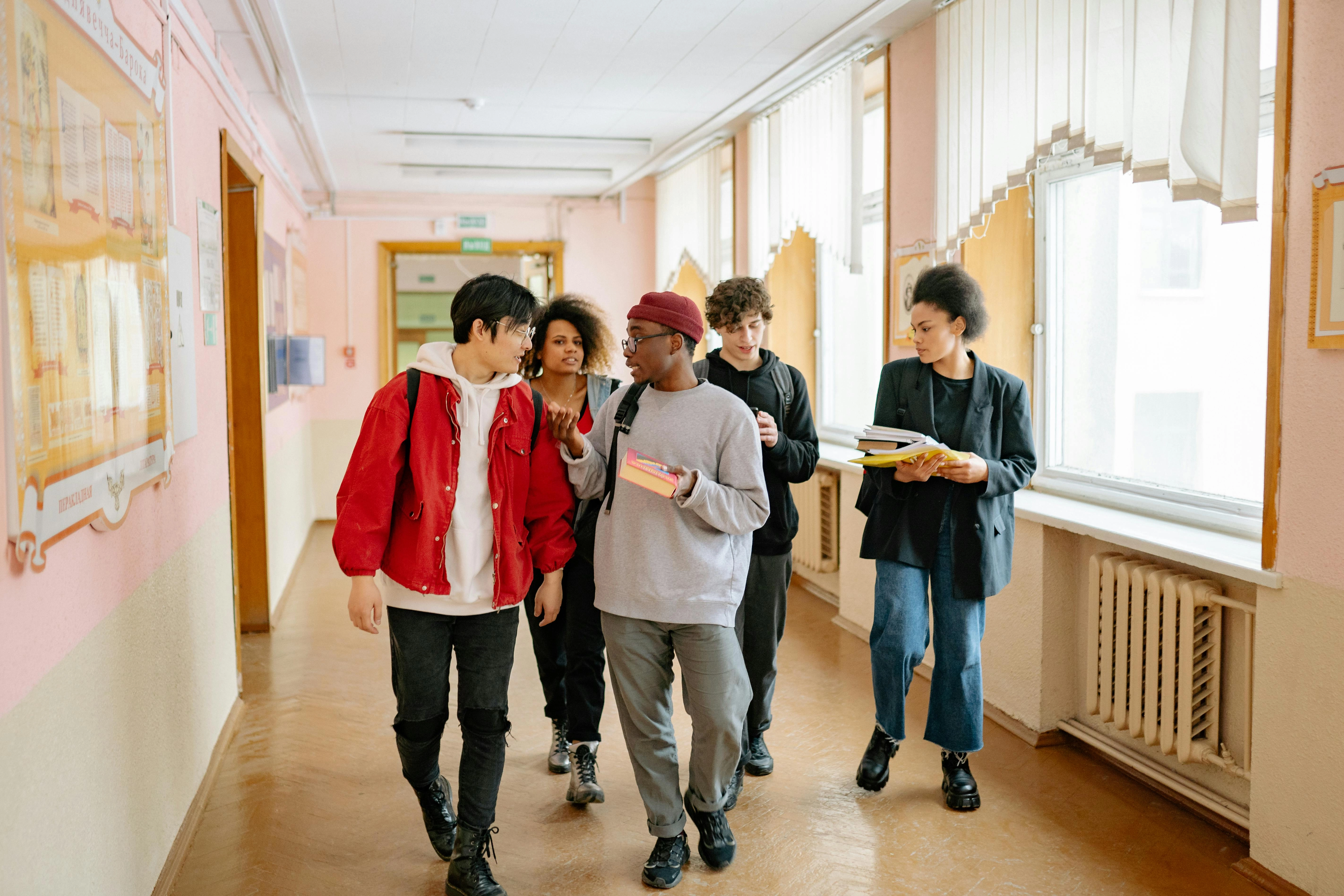 Diverse Students in School Hallway