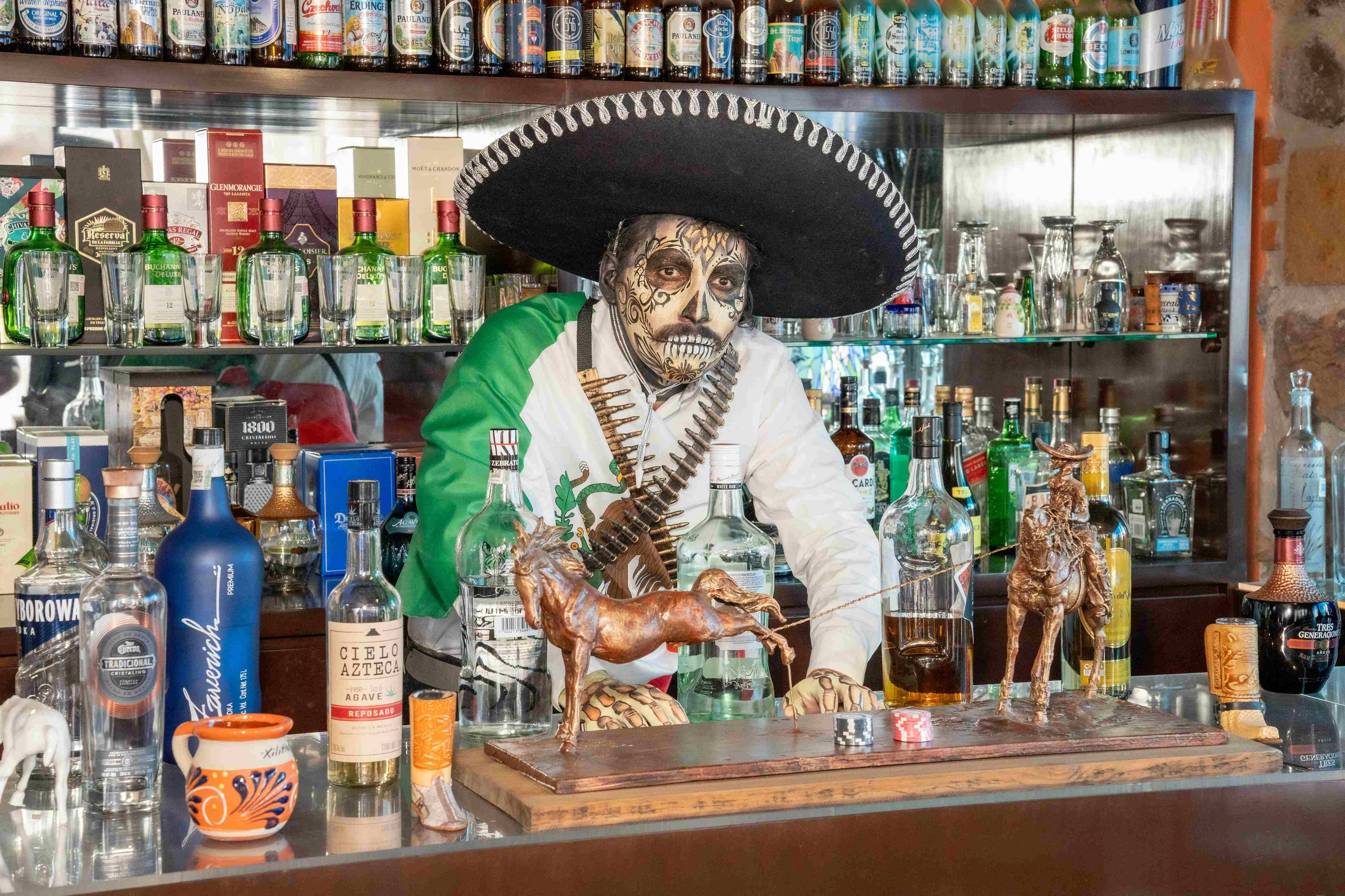Mexican-themed bar with skeleton