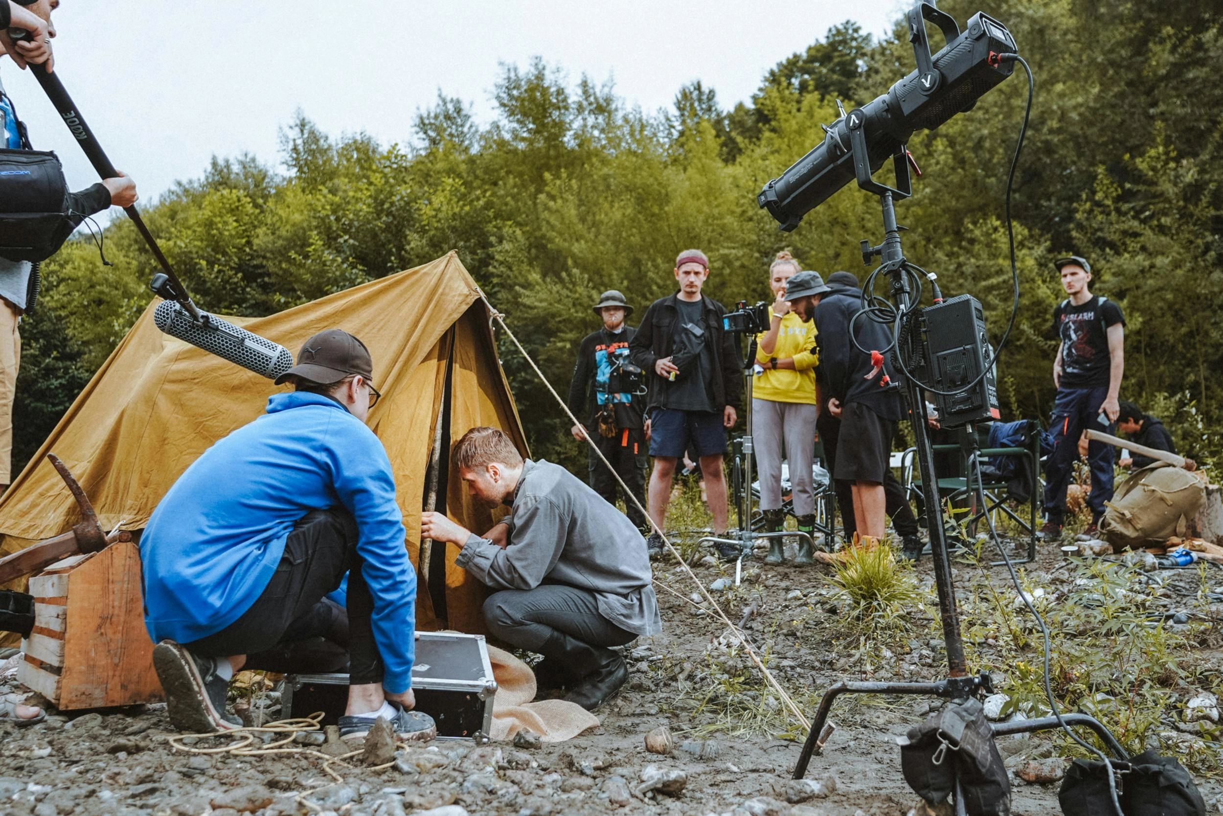 Film crew camping outdoors Film crew camping outdoors