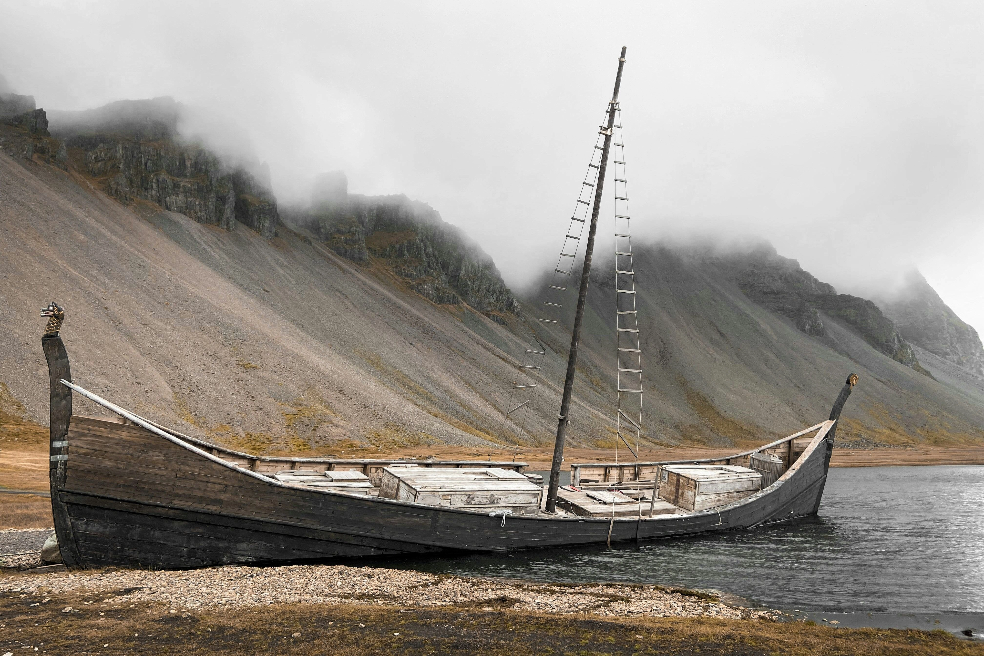 Viking Ship in Misty Fjord Viking Ship in Misty Fjord