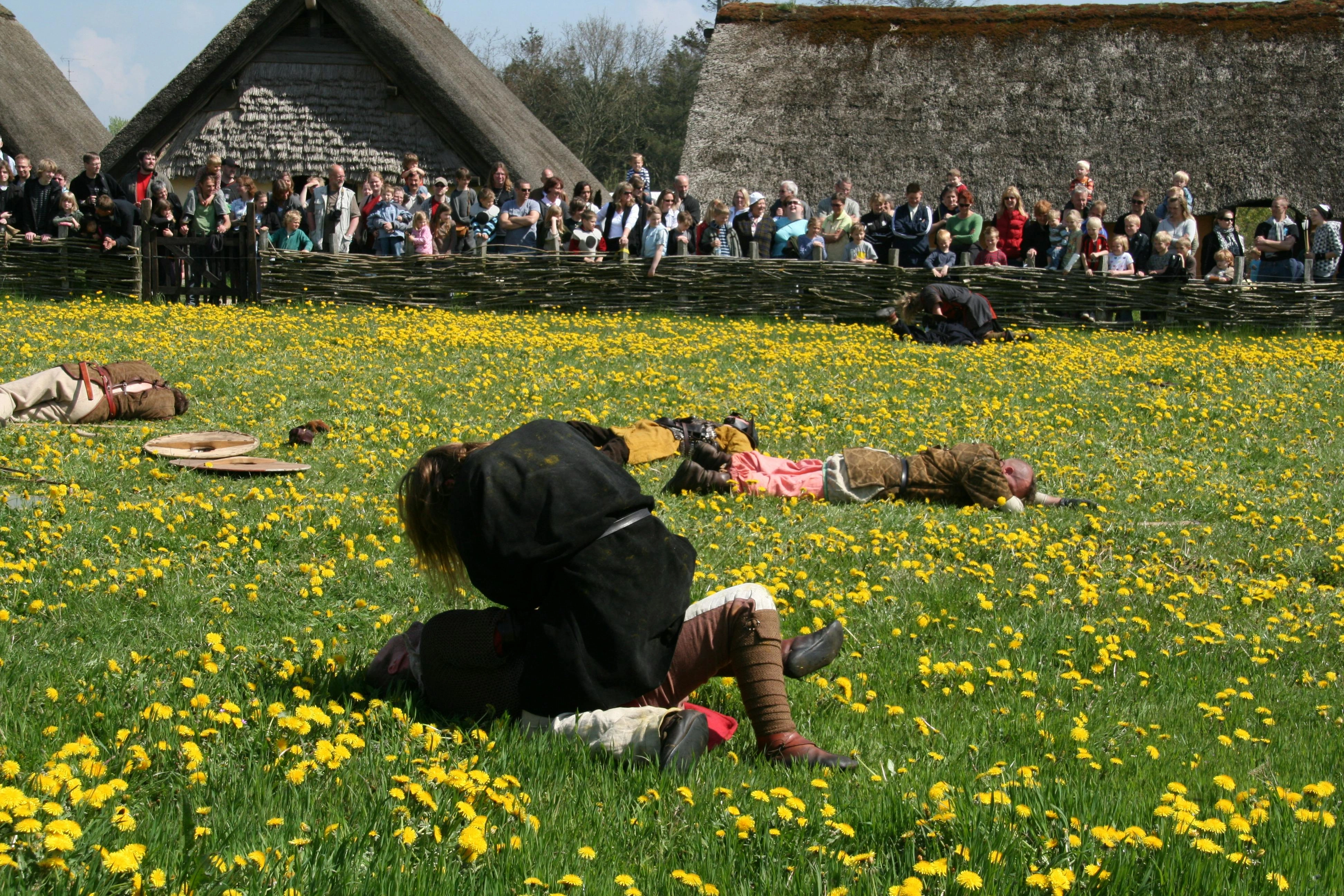 Historical reenactment in wildflower field Historical reenactment in wildflower field
