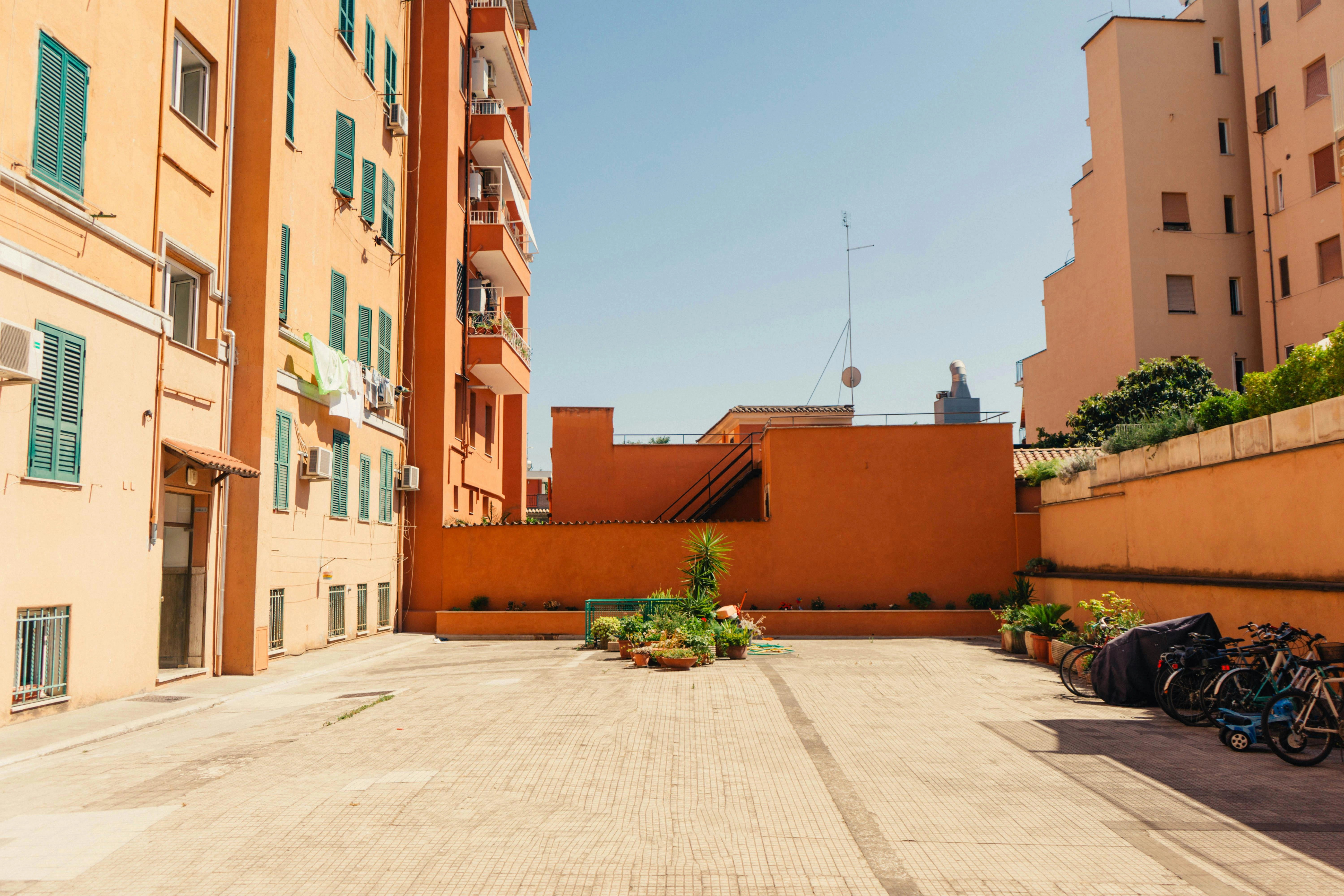 Mediterranean apartment courtyard scene