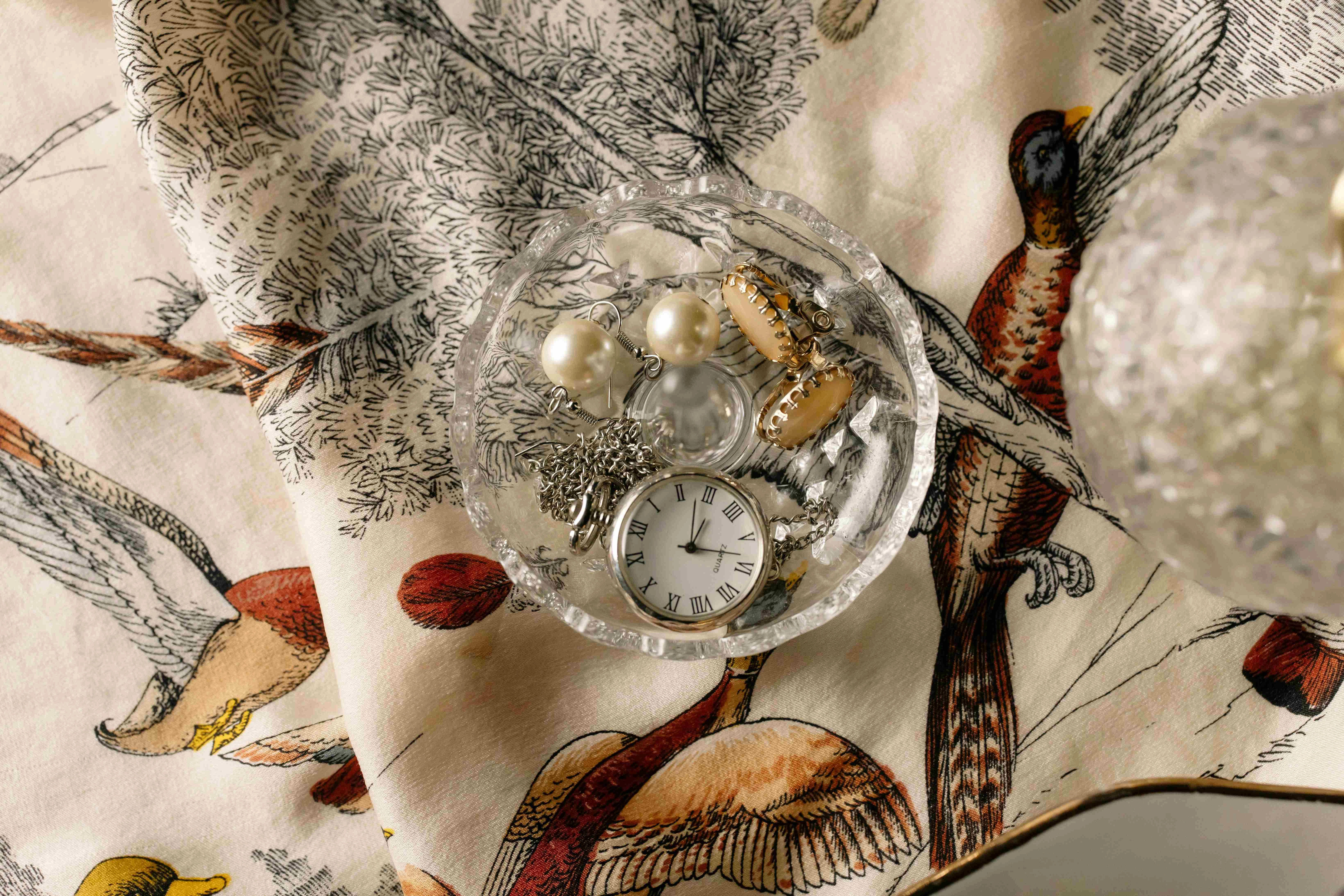 Vintage Accessories on Bird Fabric Vintage Accessories on Bird Fabric